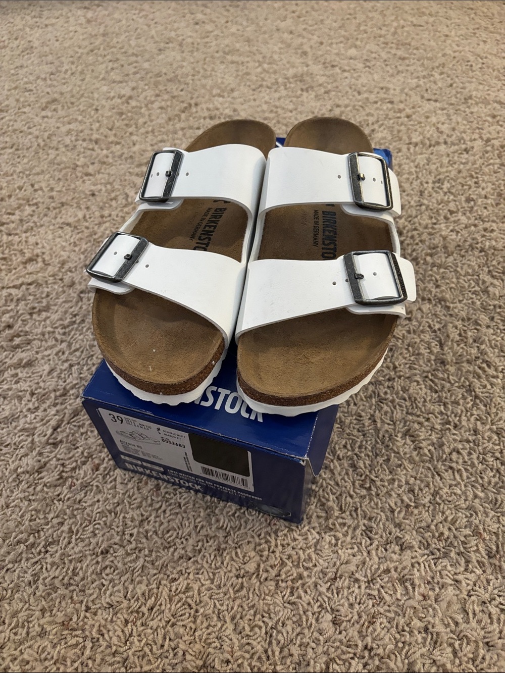 Birkenstock White Arizona Two-Strap Buckle Sandals. Size 39